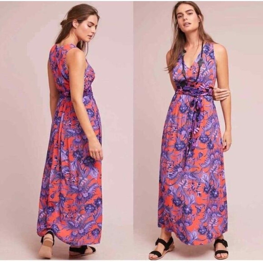 Maeve Anthropologie Orange Purple Floral V-Neck Tie Waist Maxi Dress Size 8